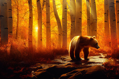 Wild bear in the evening sunlight in the autumn forest. Autumn forest and beautiful bear. 3D renderingの素材