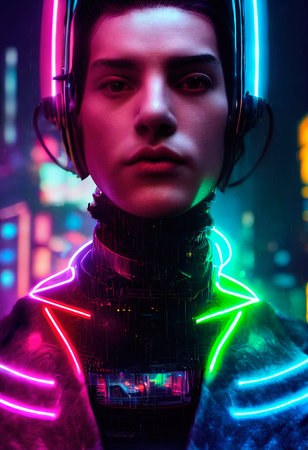 A fictional person, not based on a real person. Portrait of a sci-fi cyberpunk man. High-tech futuristic man from the future. The concept of virtual reality and cyberpunk. 3D render.の素材