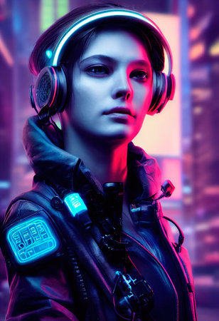 Realistic portrait of a fictional girl with headphones. A modern girl with a cyber headset. 3D renderingの素材