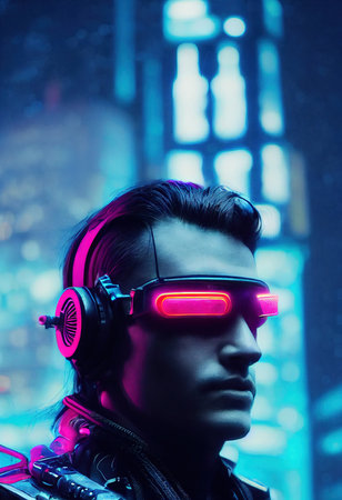 Realistic portrait of a man in a cyberpunk suit with a background of neon light. High-tech futuristic man from the future. The concept of virtual reality and cyberpunk. 3D render.の素材