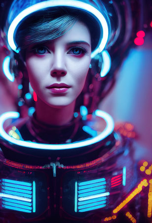 A fictional person, not based on a real person. Portrait of an fictional astronaut in a spacesuit. High-tech astronaut from the future. The concept of space travel. 3D renderingの素材