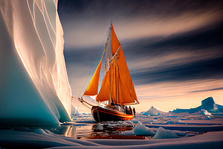 A yacht stranded in the Arctic ice. An ocean covered in ice. Generative AI Art.の素材