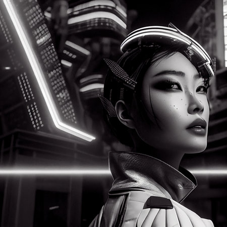 A fictional person, not based on a real person. Portrait of a sci-fi cyberpunk girl. High-tech futuristic woman from the future. The concept of virtual reality and cyberpunk. 3D render.の素材