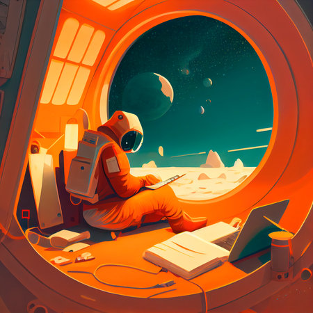 A portrait of an astronaut in a spacesuit working on a laptop. A high-tech astronaut from the future. The concept of space travel. Generative AI Artの素材