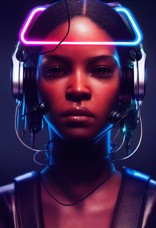 A realistic portrait of a ebony girl wearing a cyberpunk headset and cyberpunk gear. High-tech futuristic man from the future. The concept of virtual reality and cyberpunk. 3D renderの素材