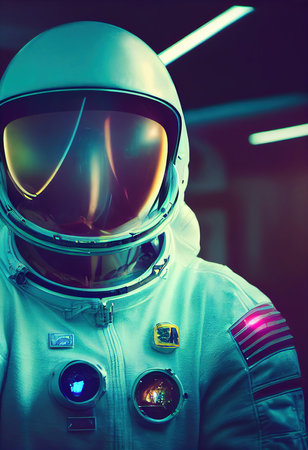 A fictional person, not based on a real person. Portrait of an fictional astronaut in a spacesuit. High-tech astronaut from the future. The concept of space travel. 3D renderingの素材