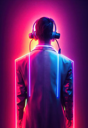 Realistic portrait of a sci-fi cyberpunk men in a cyber suit. High-tech futuristic man from the future. The concept of virtual reality and cyberpunk. 3D render.の素材