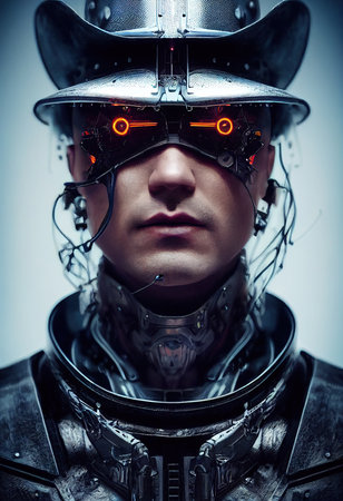 Portrait of a sci-fi cyberpunk man. High-tech futuristic man from the future. Generative AI Art.の素材