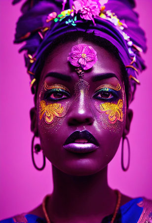 Fantasy fictional beauty, fashionable ebony woman with purple makeup. Creative beautiful girl. 3D renderの素材