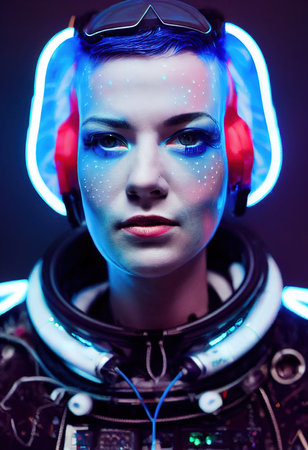 Portrait of an punk-astronaut in neon light in a spacesuit. High-tech astronaut from the future. The concept of space travel. 3D renderingの素材