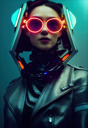 Portrait of a sci-fi cyberpunk girl. High-tech futuristic woman from the future. The concept of virtual reality and cyberpunk. Generative AI.の素材