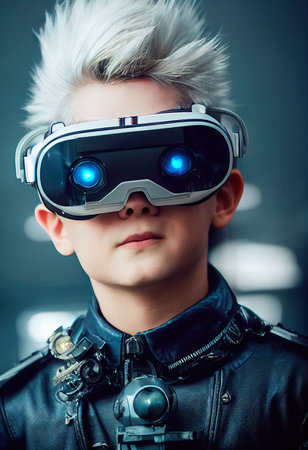 A fictional person, not based on a real person. Portrait of a sci-fi cyberpunk man. High-tech futuristic man from the future. The concept of virtual reality and cyberpunk. Generative AI.の素材
