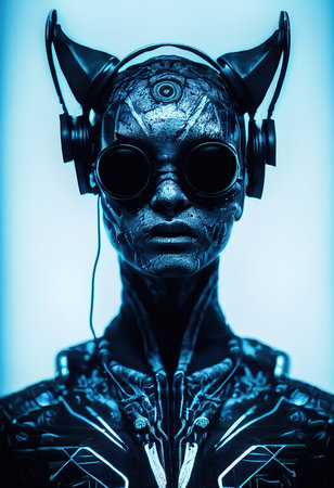 Fictional portrait of a sci-fi cyberpunk warrior. High-tech futuristic woman from the future. The concept of virtual reality and cyberpunk. 3D render.の素材