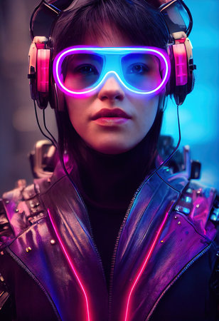 Fictional portrait of a sci-fi cyberpunk girl. High-tech futuristic woman from the future. The concept of virtual reality and cyberpunk. 3D render.の素材