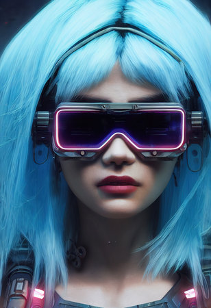 A fictional person, not based on a real person. Portrait of a sci-fi cyberpunk girl. High-tech futuristic woman from the future. The concept of virtual reality and cyberpunk. Generative AI.の素材