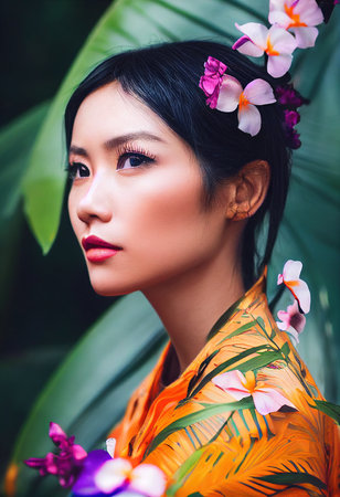 A fictional person, not based on a real person. Abstract portrait of a beautiful fictional asian girl. Fashionable cute woman. Creative beautiful girl. 3d renderingの素材