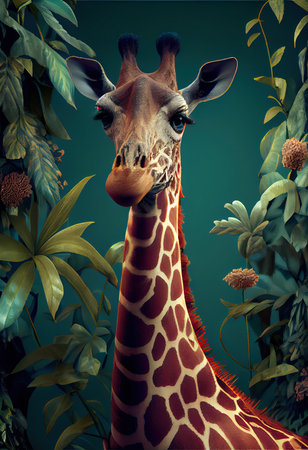 A giraffe strolls across the savannah between plants in the wild. Generative AI Artの素材
