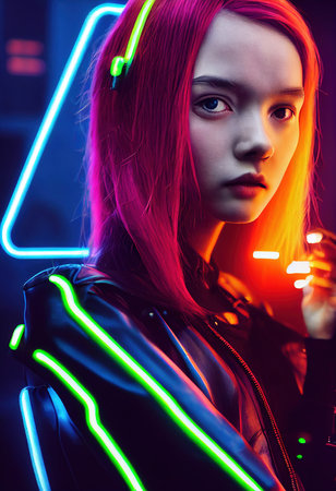 Abstract portrait of a cyberpunk girl. High-tech futuristic woman from the future. Concept of virtual reality and cyberpunk. 3D rendering.の素材