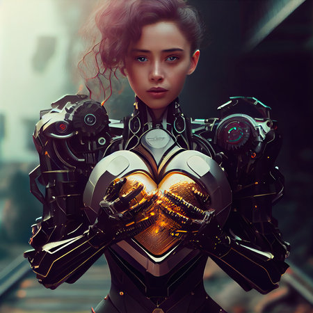Portrait of a futuristic robot with a mechanical heart in his hands. An artistic abstract cyberpunk fantasy. The concept of the modern robot. Generative AI Artの素材
