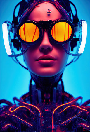 Portrait of a fictional beautiful cyberpunk fashionista wearing beautiful cyberpunk glasses. Creative beautiful fantasy girl. 3D renderingの素材