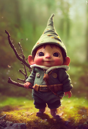 Funny little gnome in a green forest. The concept of fairy tale characters. 3D render.の素材