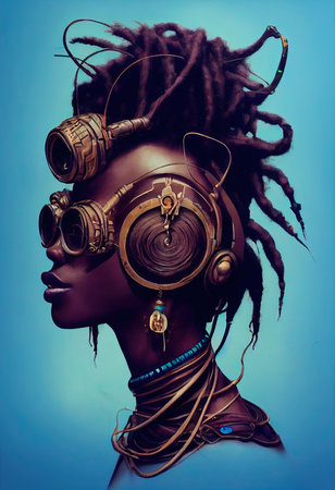 A fictional person, not based on a real person. A portrait of a creative beauty wearing fancy headphones. A lover of fashionable music. 3d renderingの素材