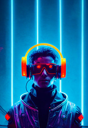 A realistic portrait of a man in neon light wearing a cyberpunk headset and cyberpunk gear. A high-tech futuristic man from the future. The concept of virtual reality and cyberpunk. 3D renderingの素材