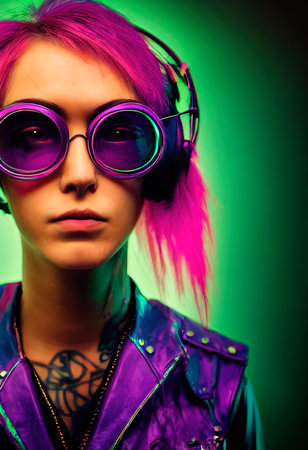 Fictional portrait of a fictional punk pretty girl with headphones and colored hair. Hipster girl with punk hair. 3D renderの素材