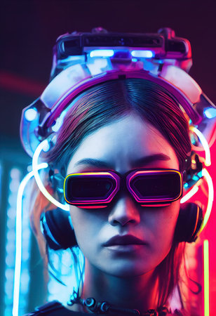 Realistic portrait of a sci-fi cyberpunk girl. High-tech futuristic man from the future. The concept of virtual reality and cyberpunk. 3D render.の素材