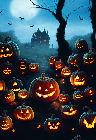 A dramatic, mystical Halloween backdrop. A full moon shines in the sky, a flock of bats flies in the dark sky. Near the castle lie pumpkins with candles. 3D renderの素材