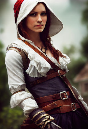 Fantasy portrait of a militant female assassin with red hair and in an ancient assassin costume. The concept of ancient warriors. 3D renderの素材