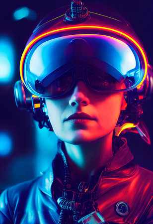 Portrait of a fictional futuristic female pilot in an aviation helmet and pilots suit, against a background of neon lights. 3d renderingの素材
