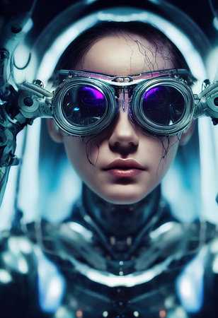Portrait of a fictional beautiful cyberpunk fashionista wearing beautiful cyberpunk glasses. Creative beautiful fantasy girl. 3D renderingの素材