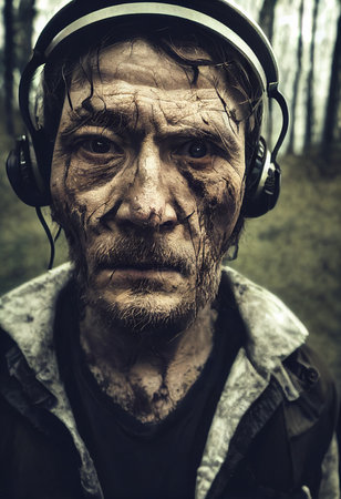 Survivor of an apocalyptic dystopian atmosphere. Survivor of nuclear war. The concept of post-apocalypse. 3d renderingの素材