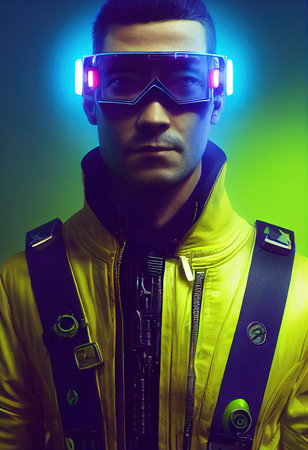 A fictional person, not based on a real person. Portrait of a sci-fi cyberpunk man. High-tech futuristic man from the future. The concept of virtual reality and cyberpunk. 3D render.の素材