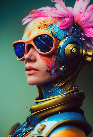 Abstract portrait of a fantasy astronaut. High-tech futuristic man. Concept of virtual reality and steampunk. Generative AI Art.の素材