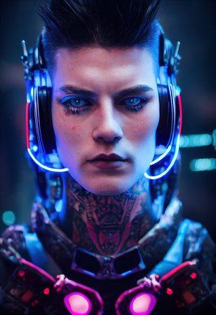 Realistic portrait of a sci-fi cyberpunk men in a cyber suit. High-tech futuristic man from the future. The concept of virtual reality and cyberpunk. 3D render.の素材