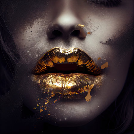 Close-up of the glamorous lips of a beautiful girl. Sexy juicy lips. Part of the face of a young beautiful girl in close-up. Generative AI Art.の素材