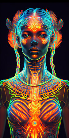 Portrait of a mystical fantasy bioluminescent neon woman. Glamorous fashionable lady. Generative AI Art.の素材