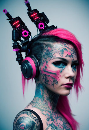 Realistic portrait of a fictional punk girl with headphones and pink hair. Hipster girl with punk hair. 3D renderの素材
