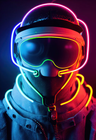 A stalker survivor in protective clothing and an neon gas mask. Survivor of nuclear war. 3d renderingの素材