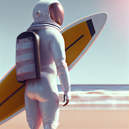 An astronaut with a surfboard. A high-tech astronaut from the future. The concept of space travel. 3D renderingの素材