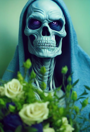 A horrible ancient skeleton with flowers on his head. Halloween Concept. 3D rendering.の素材