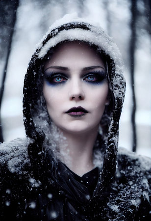 Winter portrait of a young beautiful fictional girl on the background of a winter forest. The concept of snowy winter vacations. 3D rendering.の素材