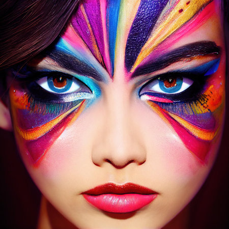 A fictional person, not based on a real person. Eyes with beautiful makeup in close-up. Fashionable woman with bright colors. 3D rendering.の素材
