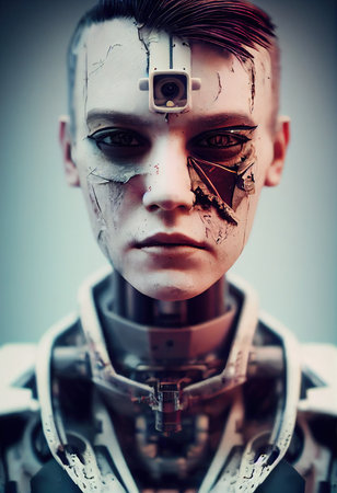 A fictional person, not based on a real person. Portrait of a futuristic robot. An artistic abstract cyberpunk fantasy. Concept of a modern robot. 3d renderingの素材