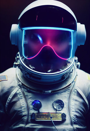 Portrait of an fictional astronaut in neon light in a spacesuit. High-tech astronaut from the future. The concept of space travel. 3D renderingの素材