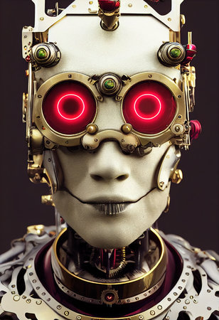 Portrait of a vintage robot. An artistic abstract steampunk fantasy. Concept of a retro robot. 3d renderingの素材