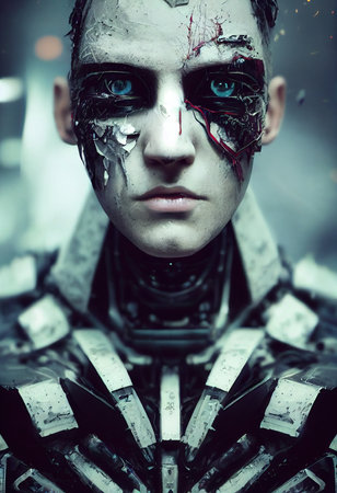 Portrait of a futuristic female robot. An artistic abstract steampunk fantasy. Concept of a modern robot. 3d renderingの素材