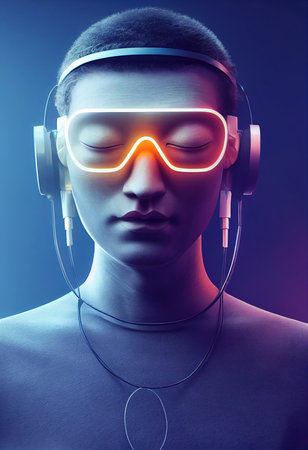 Portrait of Buddha in a futuristic cyberpunk style. Futuristic reality and cyberpunk concept. 3D renderの素材
